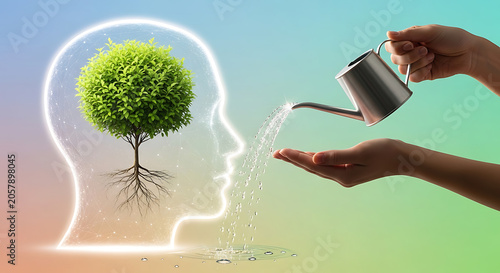 Person watering tree growing inside human head with watering can and hand transparent background