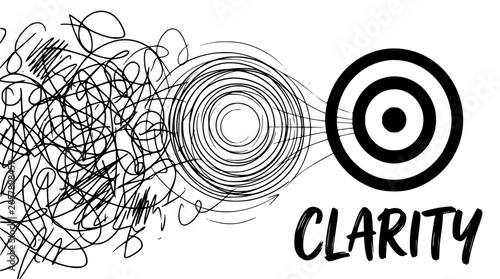 Abstract conceptual illustration showing a chaotic messy scribble transforming into a perfect circular spiral shape leading directly into a solid black bulls eye target representing the ultimate goal 