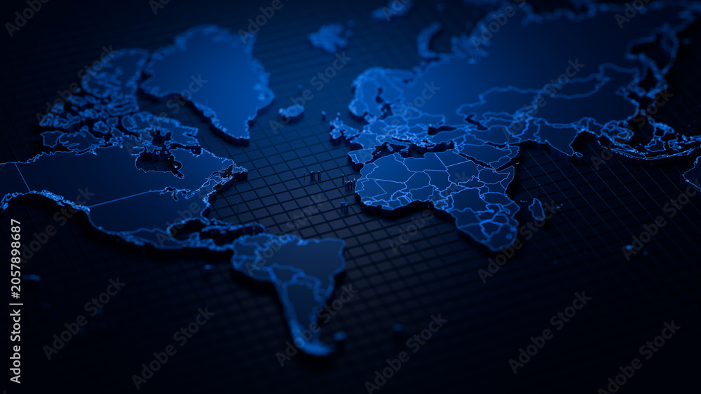 © Bright Design - Futuristic Digital World Map Glowing Blue Cyber Geography Concept Business Data Visualization Globe Projection Grid Pattern Tech Network Connectivity Global 3d Render background