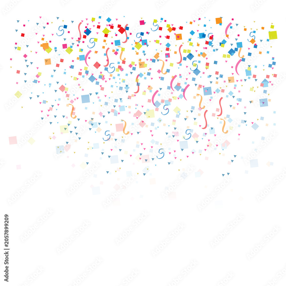 Fototapeta premium Colorful confetti and ribbons falling down on white background for celebration decoration festive party supplies transparent background