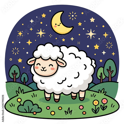 Cute Sheep Under Starry Night Sky.