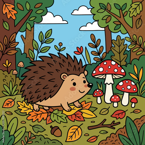 Hedgehog walking through autumn leaves slowly.