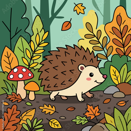 Hedgehog walking on forest ground slowly.