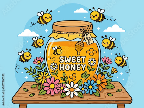 Honey Jar With Colorful Flowers Bees.