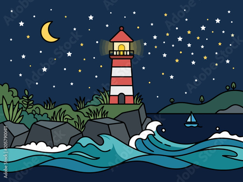 Red and white striped lighthouse tower.