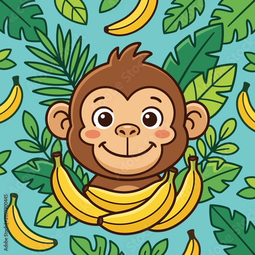 Smiling monkey with bunch of bananas.