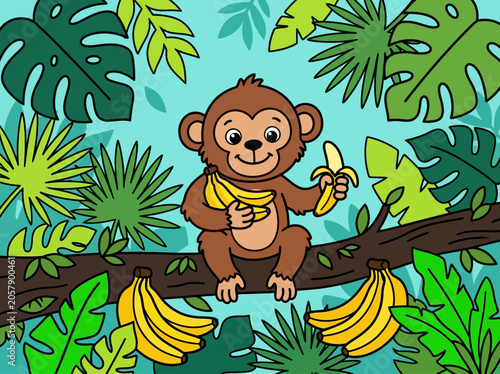 Monkey Eating Banana Sitting Tree Branch.