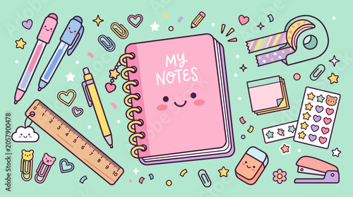 Colorful cartoon school supplies arrangement.