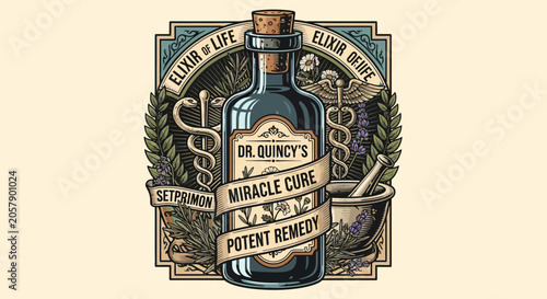 Foto Vintage Elixir Bottle, Miracle Cure, Potent Remedy, Herbal Medicine