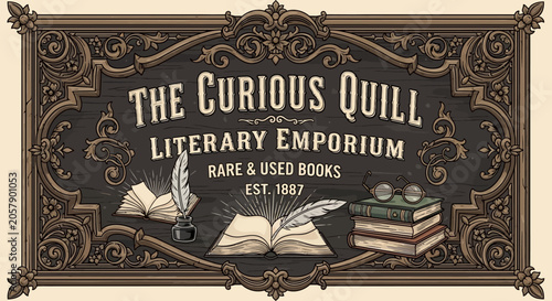 Foto Vintage Literary Emporium Sign: Books, Quill, Inkwell, Glasses, Est