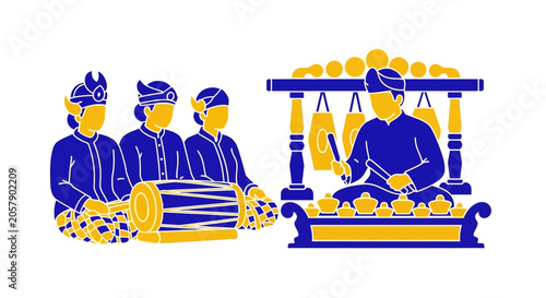 Tableau sur toile Indonesian Gamelan Musicians Playing Traditional Instruments