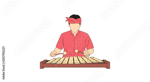 Foto Indonesian Musician Playing Gamelan Instrument with Mallets, Traditional Music