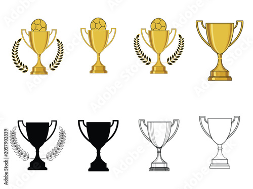 A golden trophy cup with two handles, holding a golf ball inside.