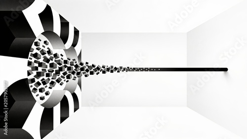 Minimalist black and white concept of data serialization, showing a stream of chaotic 3D cubes transforming into a single precise line across a clean white room.