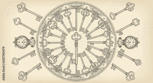 Photos Vintage Skeleton Keys Arranged in Circular Pattern with Clock Faces