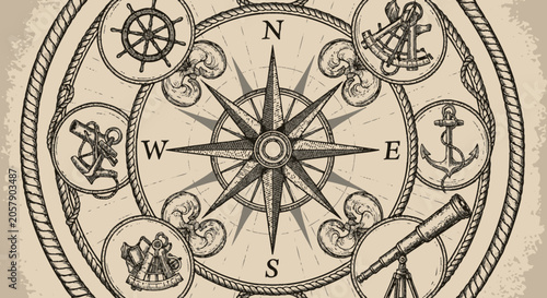 Foto Vintage Nautical Compass Rose with Maritime Symbols and Telescope