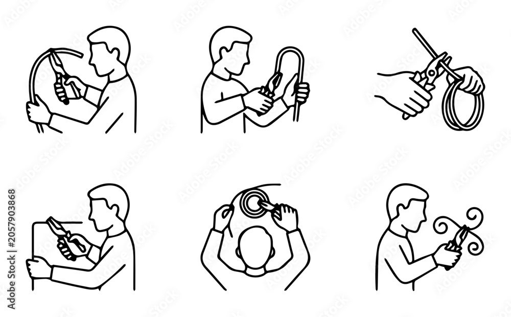 Fototapeta premium DIY Wire Cutting and Stripping, Electrical Work, Crafting, and Repair Icons Set: Step-by-Step Manual Instructions for Tools and Materials