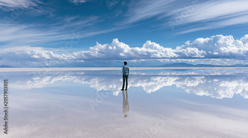 A person stands on a vast salt flat in Bolivia. The ground reflects the clouds and sky above. The scenery shows blue tones and a wide-open space with dramatic clouds