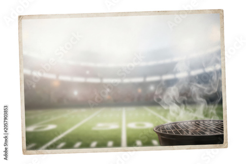 Small smoky barbecue grill in a blurry football stadium isolated on transparent background