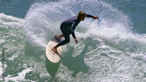 A surfer performs a maneuver on a surfboard while riding a large wave at a beach. The sun shines bright, and the water splashes around the surfer. Many people enjoy the waves