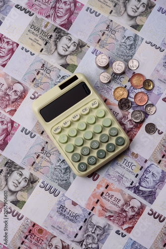 Czech paper money, koruna or crown, in various denominations for financial exchange. Czech koruna