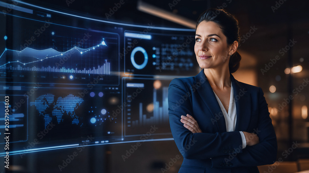 Fototapeta premium Businesswoman analyzing AI data analytics on a futuristic digital dashboard.
