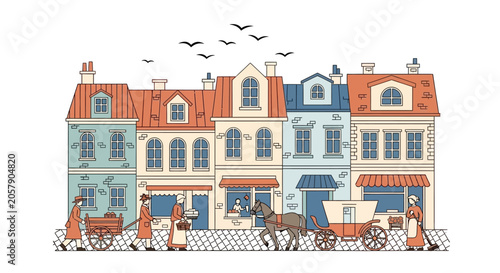 Obraz na plátně Charming European Street Scene with Horse-Drawn Carriage and Pedestrians