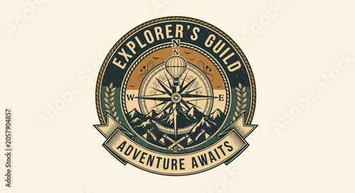 Obraz na plátně Explorer's Guild Adventure Awaits Vintage Emblem with Compass, Hot Air Balloon,