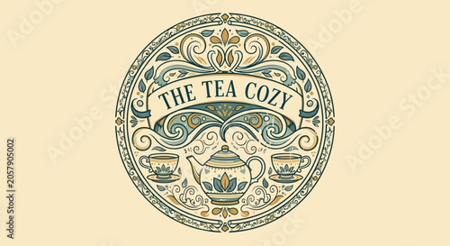 Bild auf Leinwand Vintage Tea Cozy Logo with Teapot, Cups, and Ornate Design