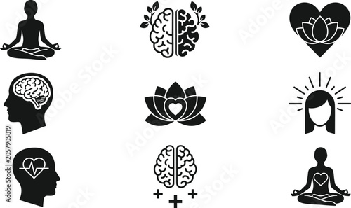 Mindfulness and Mental Health Icon Vector Collection Featuring Meditation, Brain, Heart, and Lotus Symbols