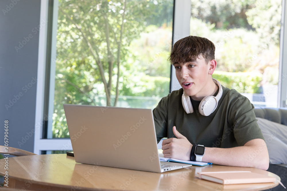 Fototapeta premium Youth male speaking and gesturing at table in olive T-shirt with laptop headset watch, copy space