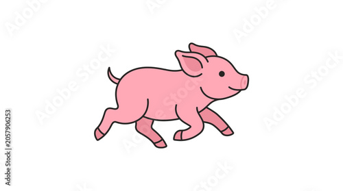Obraz na plátně Cute cartoon pink piglet running happily, isolated on white background, vector i