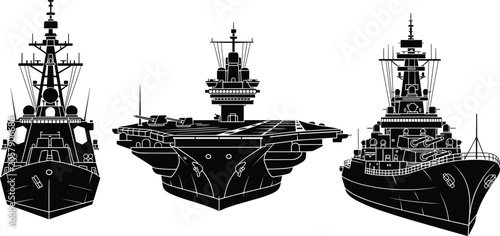 Tableau sur toile Naval warship silhouettes, battleship aircraft carrier destroyer vector set, mil