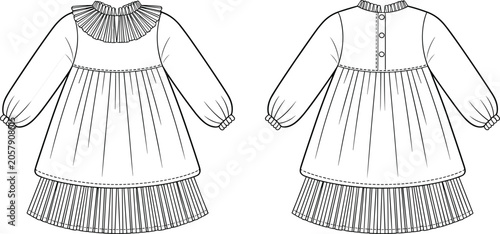 Foto Fashion technical sketch of a baby girls long sleeve dress featuring a ruffled c