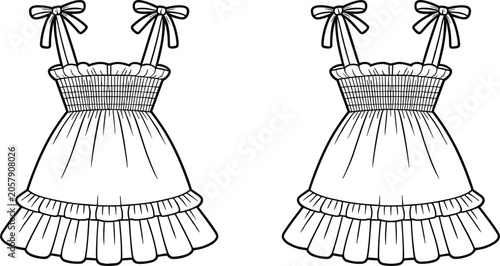 Fashion technical sketch of a girls ruffled sundress with smocked bodice and tie-up shoulder straps in image_de0f66.jpg