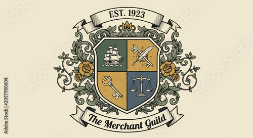 Canvastavla Merchant Guild Emblem: Ship, Plane, Key, Scales - Est. 1923