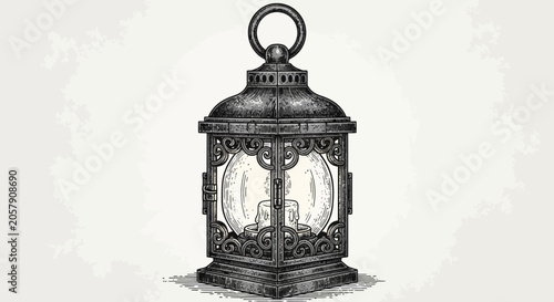 Foto Vintage Lantern Illustration: Old Metal Lamp with Glowing Light and Ornate Detai