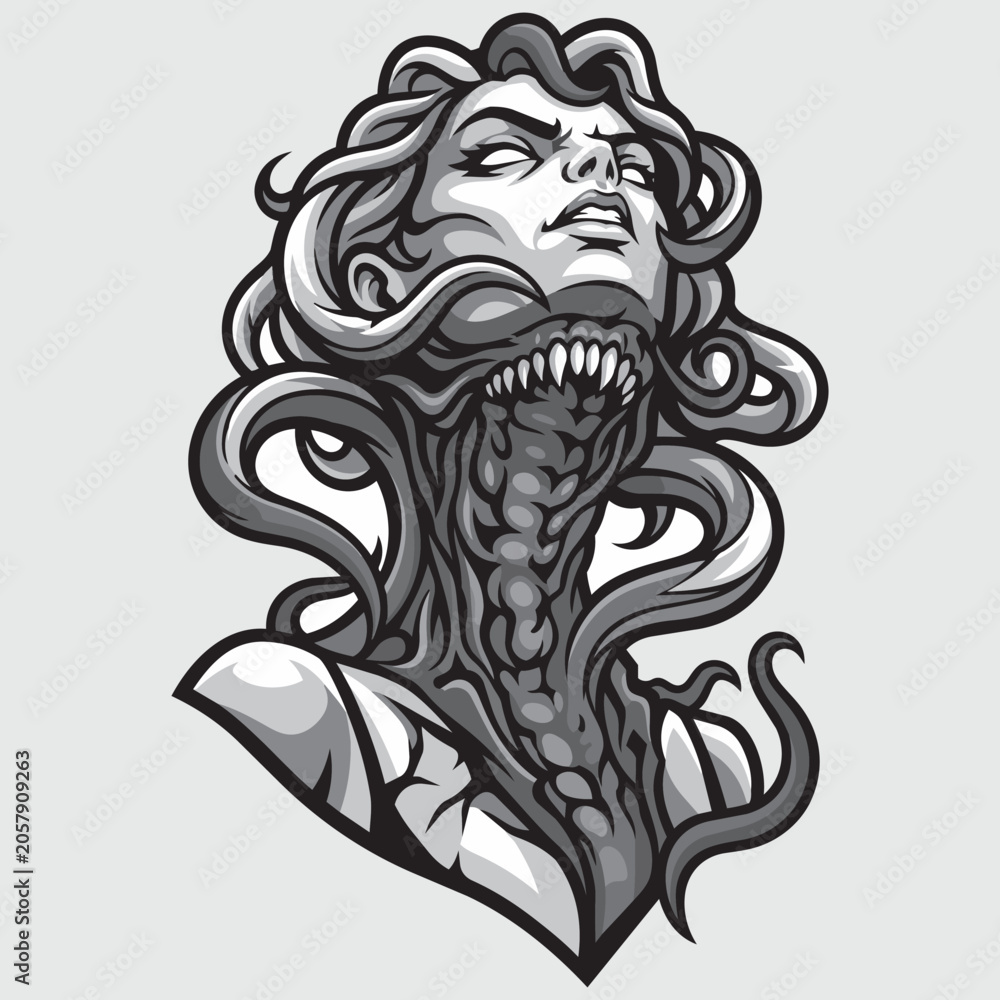 Obraz premium Medusa Alien Creature with Tentacles Open Mouth Dark Vector Illustration