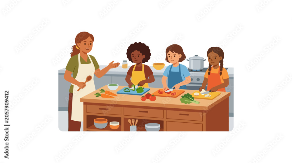 Fototapeta premium Diverse people cooking together at table.