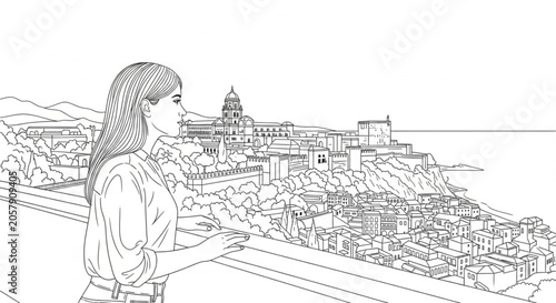 Woman looking out at city view.