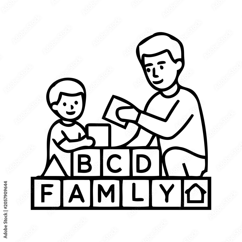 Fototapeta premium Father building family foundation with child using toy blocks, linear concept icon