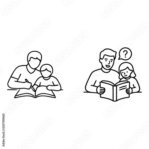Parenting and fatherhood line icon set. Dad helping son write homework and reading bedtime storybook to daughter. Vector illustrations of early childhood education and homeschooling