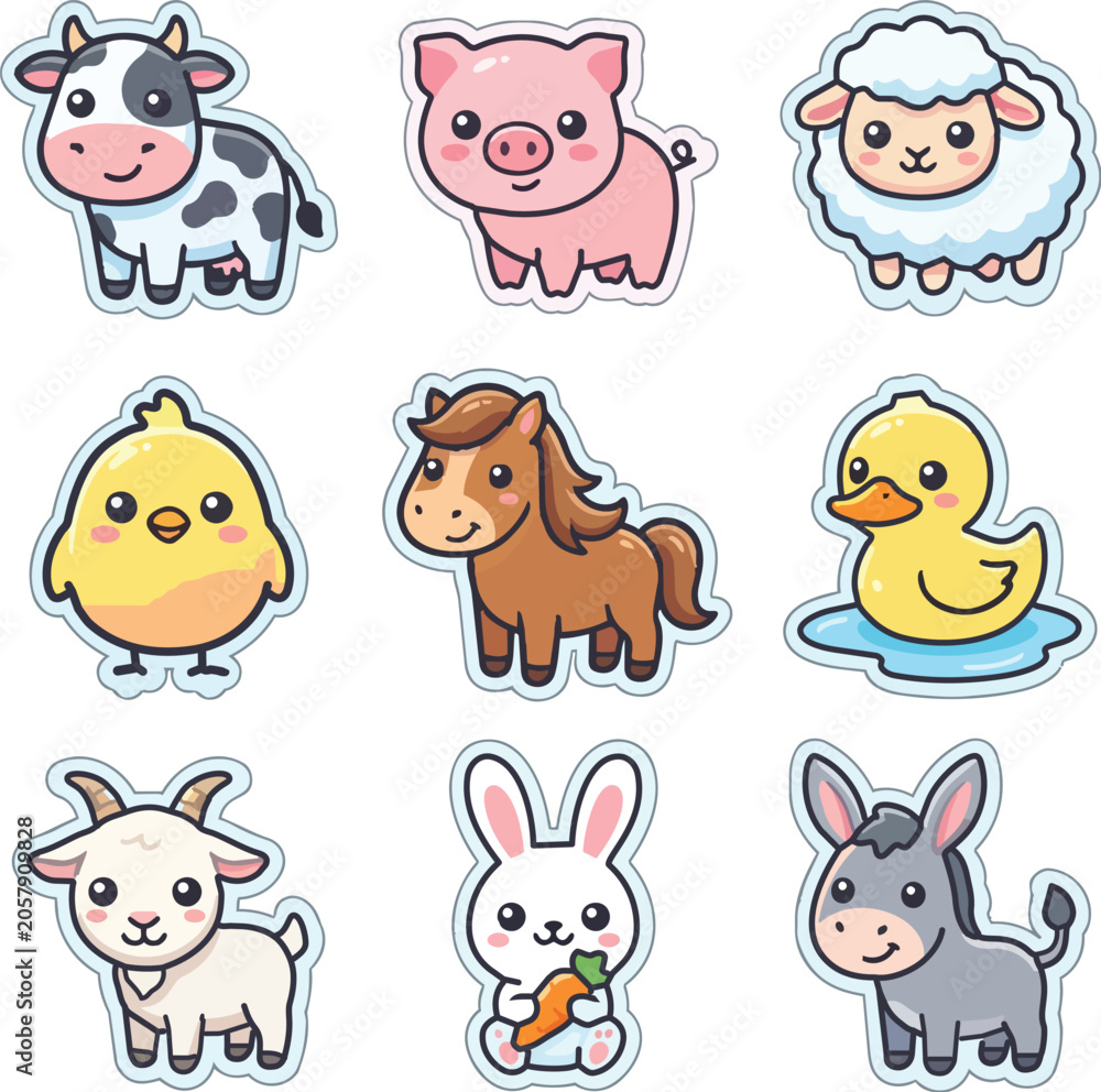 Fototapeta premium Cute Farm Animal Sticker Vector Set, Kawaii Cartoon Domestic Animals