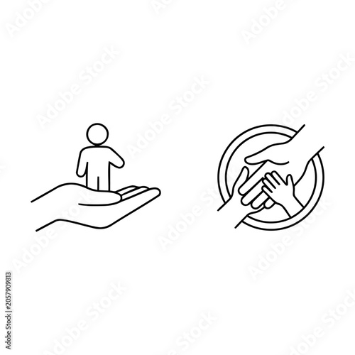 Father support hand icon set, dad holding child figure and family hands stacked in circle line art, paternal care concept vector