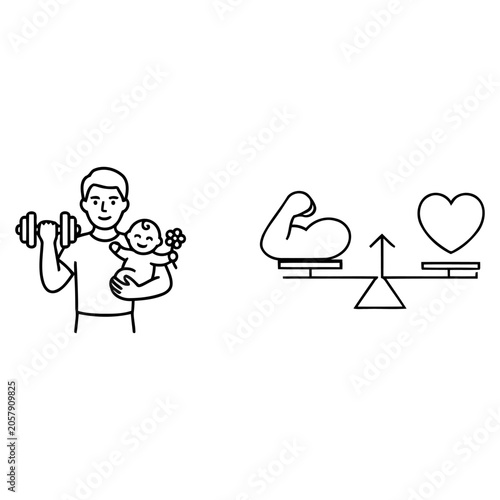 Father strength and care balance icon set, dad holding dumbbell and baby line art, paternal power and love vector