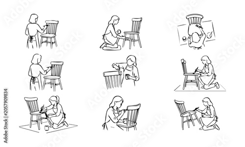 Vector Illustration Set: Woman Restoring Antique Wooden Chair, DIY Furniture Repair, Craftsmanship, Home Improvement, Step-by-Step Process