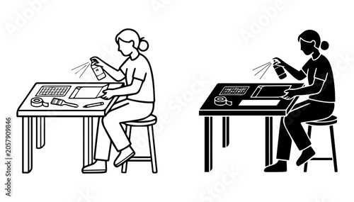 Artist Spray Painting Creative Project, Crafting Hobby Illustration, DIY Art Studio Scene, Black and White Vector Graphics