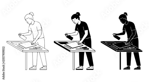 Artist Spray Painting on Table, Creative Process Vector Set, Graphic Design and Art Studio Illustration, Black and White Icons