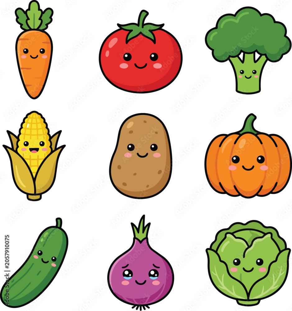 Fototapeta premium Cute Cartoon Vegetable Characters Flat Vector Healthy Food Icon Set