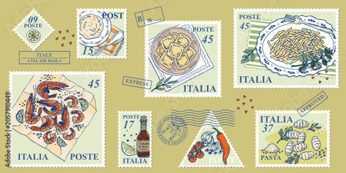 Italian pasta and seafood postage stamp collection with ravioli shrimp and gnocchi